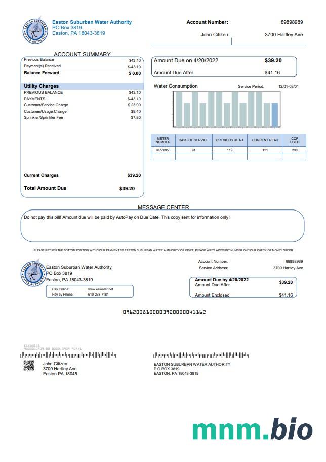 Szablon rachunku za media US Eastern Suburban Water Authority w formacie Word i PDF